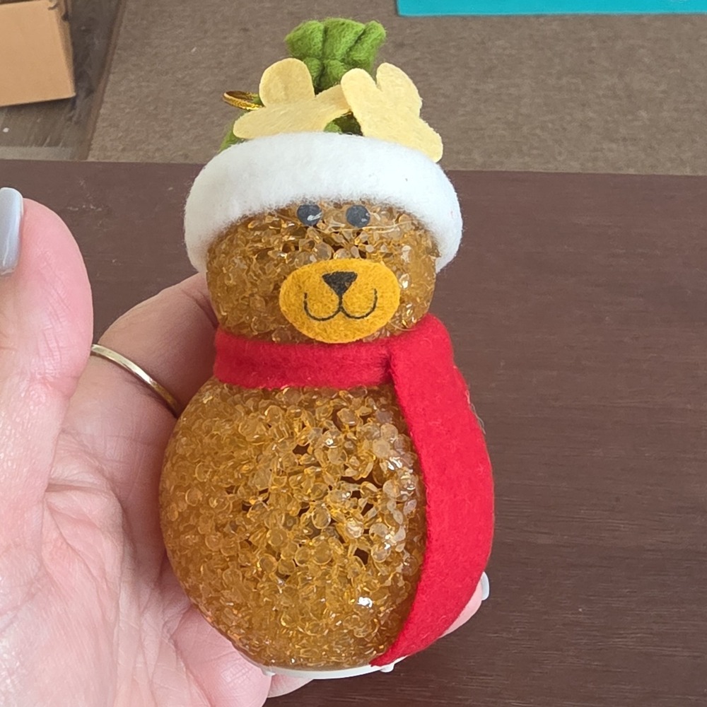 Lighted Bear Christmas Ornament with Red Scarf and Santa Hat, Brown Plastic Felt